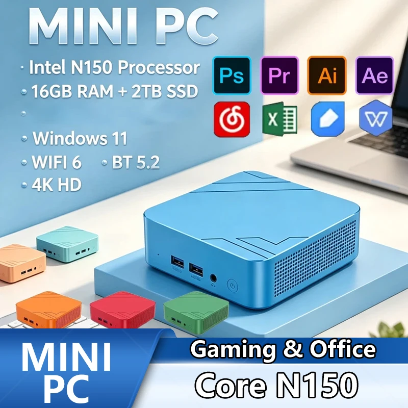 Pc Gaming Editing - جهاز N150 ميني كمبيوتر ملون، 16